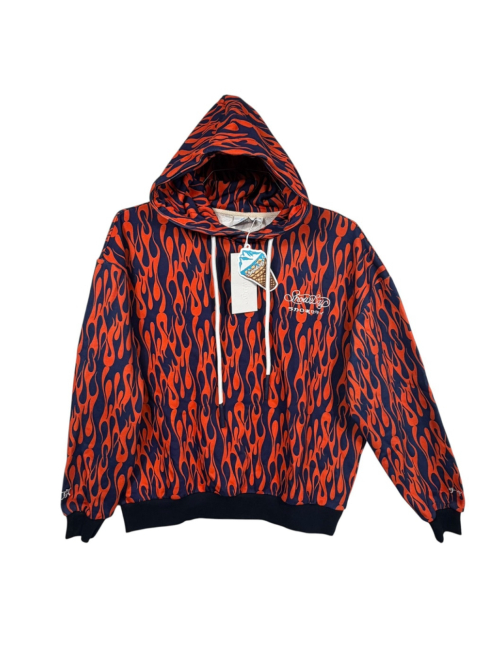 Snow Day Hoodie Flame Orange Blue Terry Cotton Classic Drawstring Mens Small